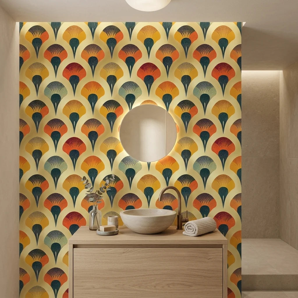 Scattered Dusk warm art deco fan pattern wallpaper as a feature wall in a bright home office