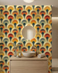 Scattered Dusk warm art deco fan pattern wallpaper as a feature wall in a bright home office