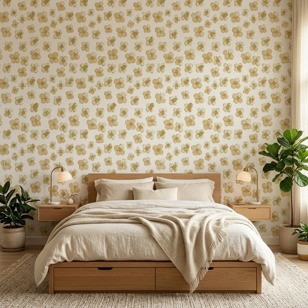 Scattered Gold neutral floral peel and stick wallpaper adding character to a cozy bedroom