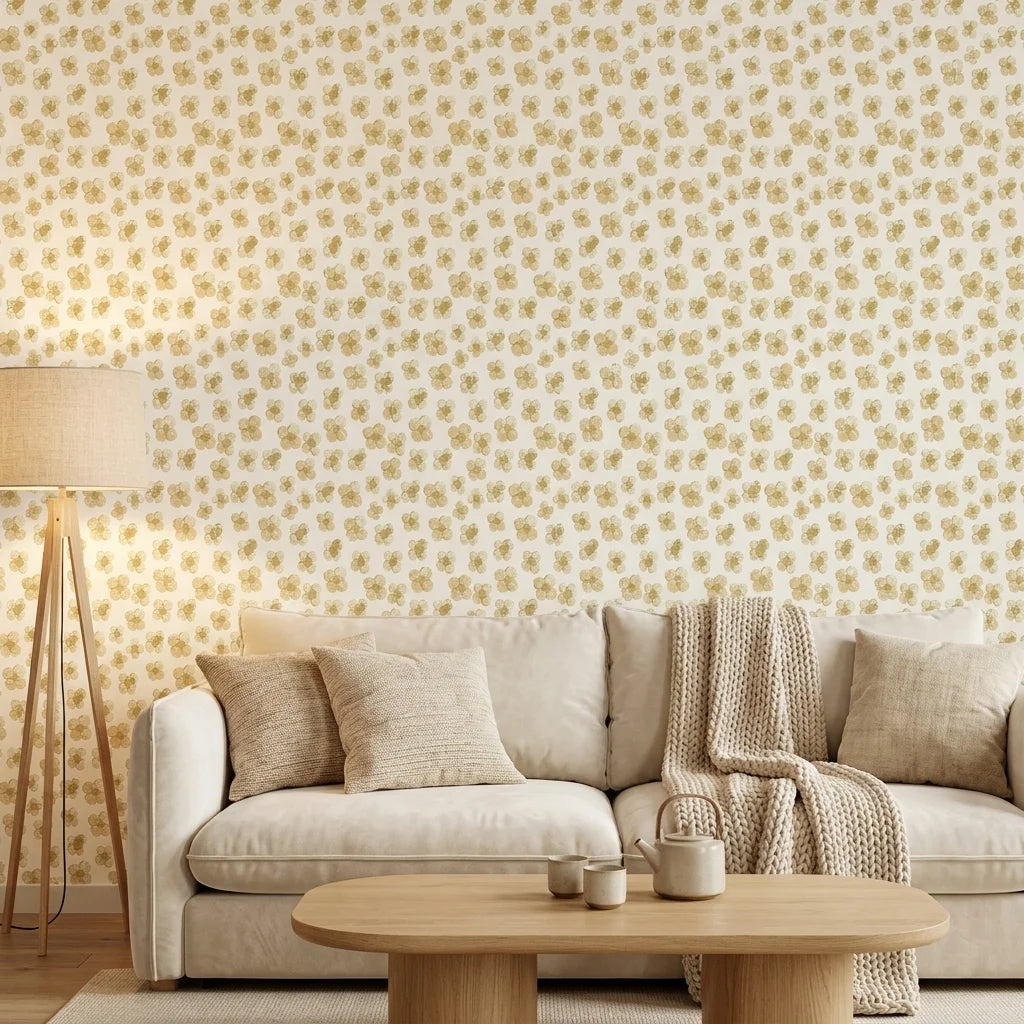 Scattered Gold neutral floral peel and stick wallpaper in a warm and inviting living room