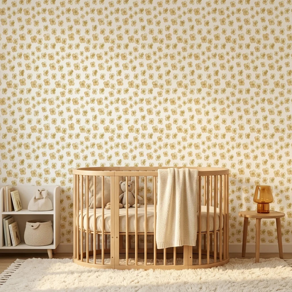 Scattered Gold neutral floral peel and stick wallpaper bringing warmth to a peaceful nursery