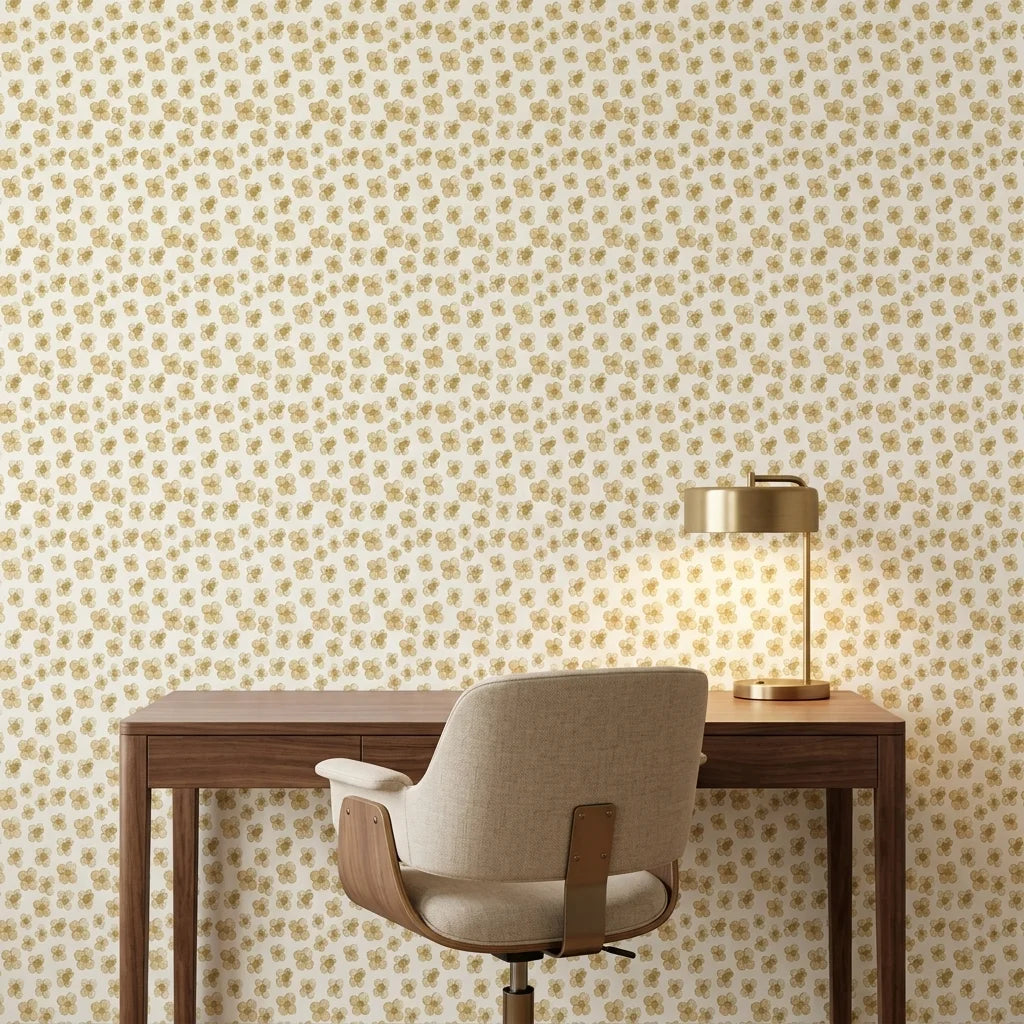 Scattered Gold neutral floral peel and stick wallpaper as a feature wall in a bright home office