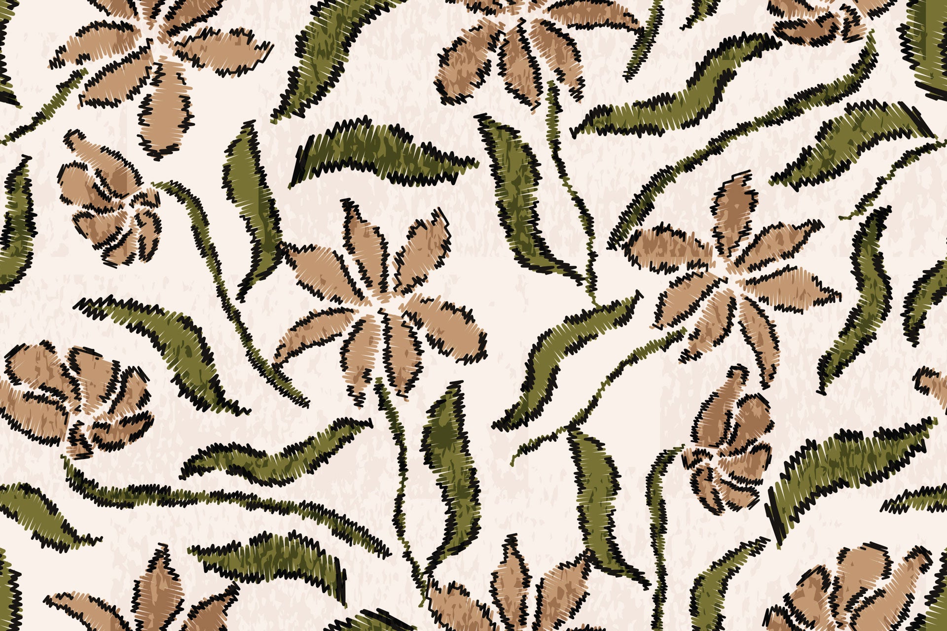A brown and green floral design, drawn in a sketchy style, printed on fibrous tan wall covering, product Scrawled Bloom
