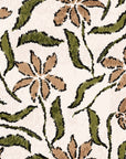 A brown and green floral design, drawn in a sketchy style, printed on fibrous tan wall covering, product Scrawled Bloom