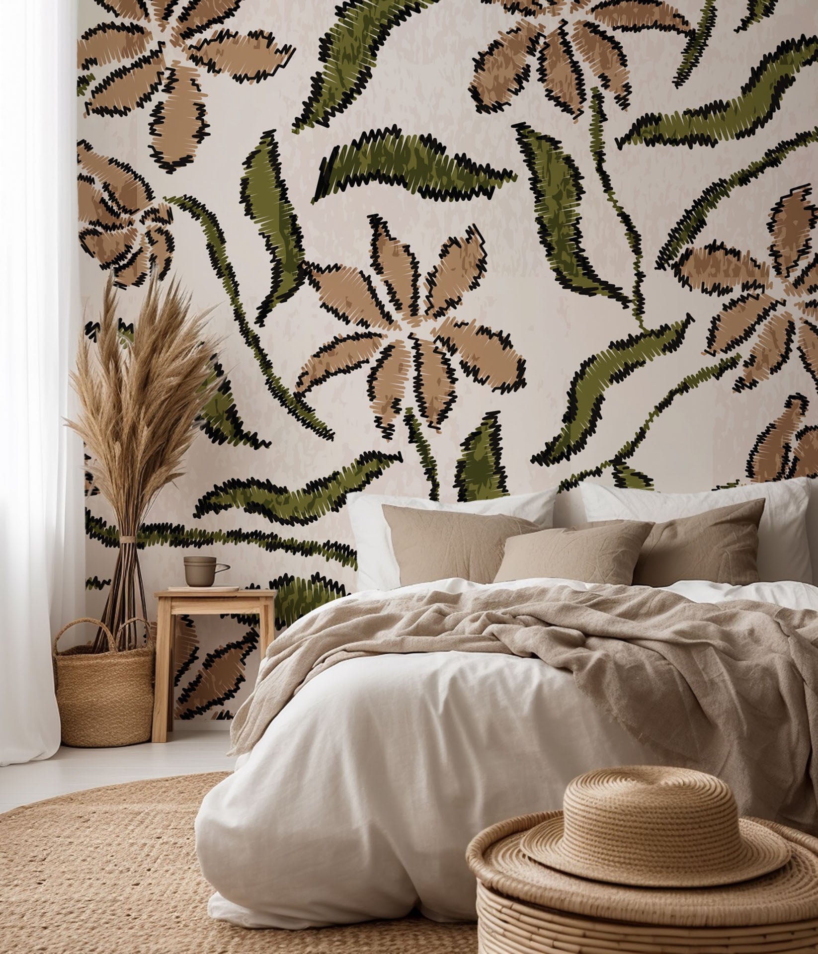 A floral pattern in brown and green, sketched onto textured beige wallpaper, named 'Scrawled Bloom'