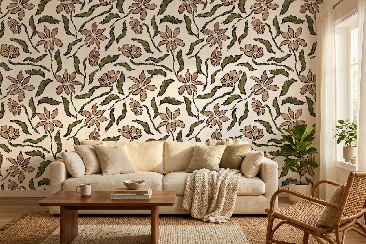 Scrawled Bloom rustic floral wallpaper in a warm and inviting living room