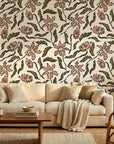 Scrawled Bloom rustic floral wallpaper in a warm and inviting living room