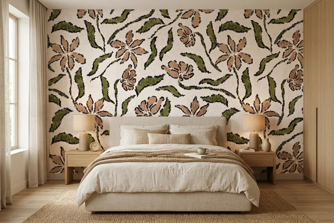 Scrawled Bloom rustic floral wallpaper adding character to a cozy bedroom