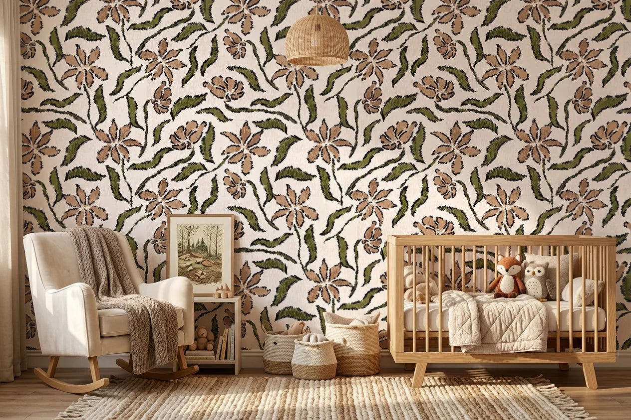 Scrawled Bloom rustic floral wallpaper as a feature wall in a bright home office