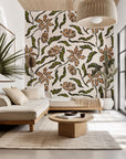 A dimensional beige wall covering featuring a hand-drawn brown and green botanical design