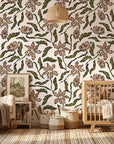 Scrawled Bloom rustic floral wallpaper as a feature wall in a bright home office