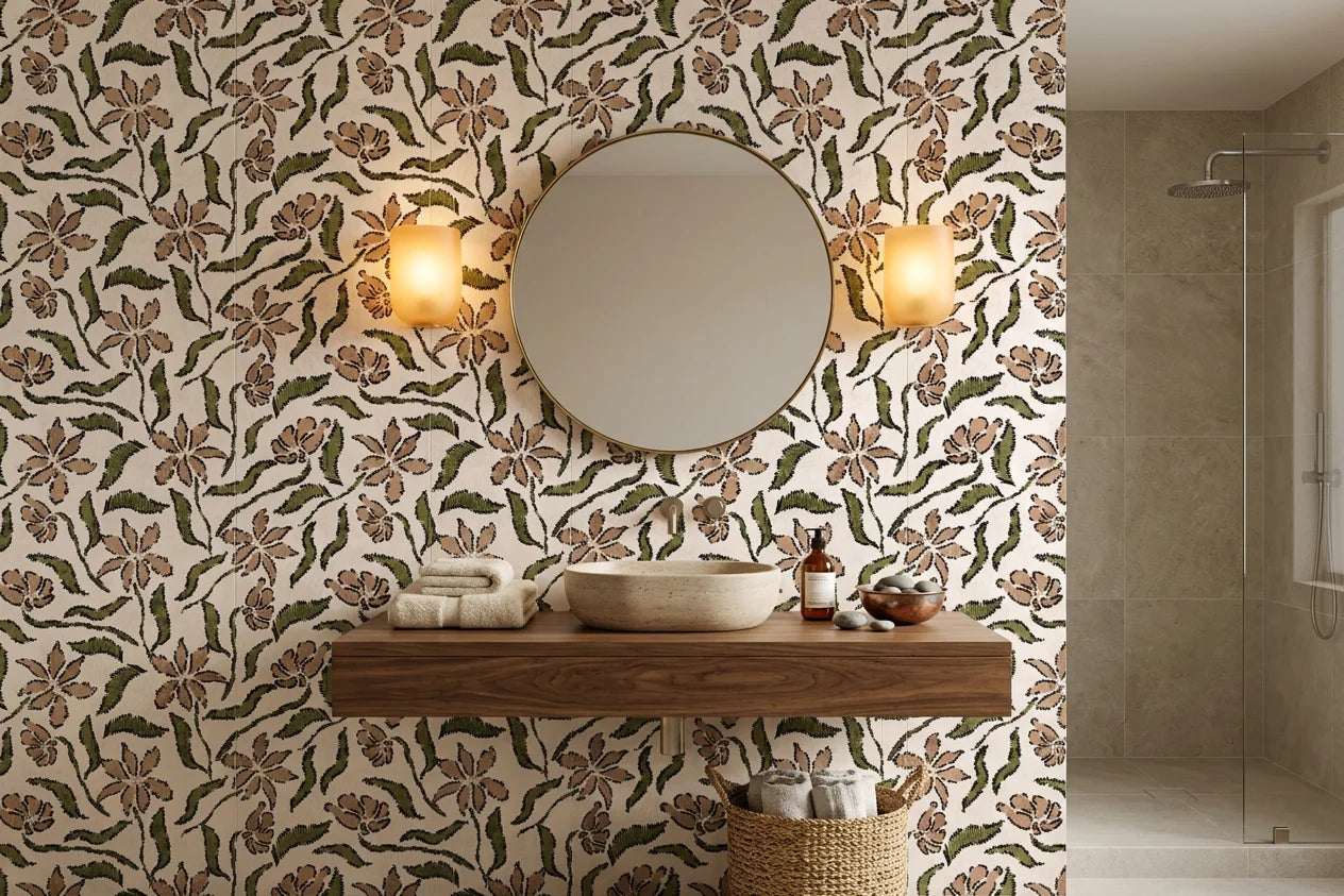 Scrawled Bloom rustic floral wallpaper creating ambiance in a serene bathroom