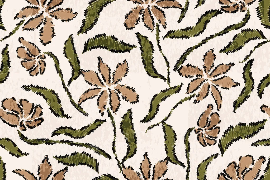 A brown and green floral design, drawn in a sketchy style, printed on fibrous tan wall covering, product Scrawled Bloom