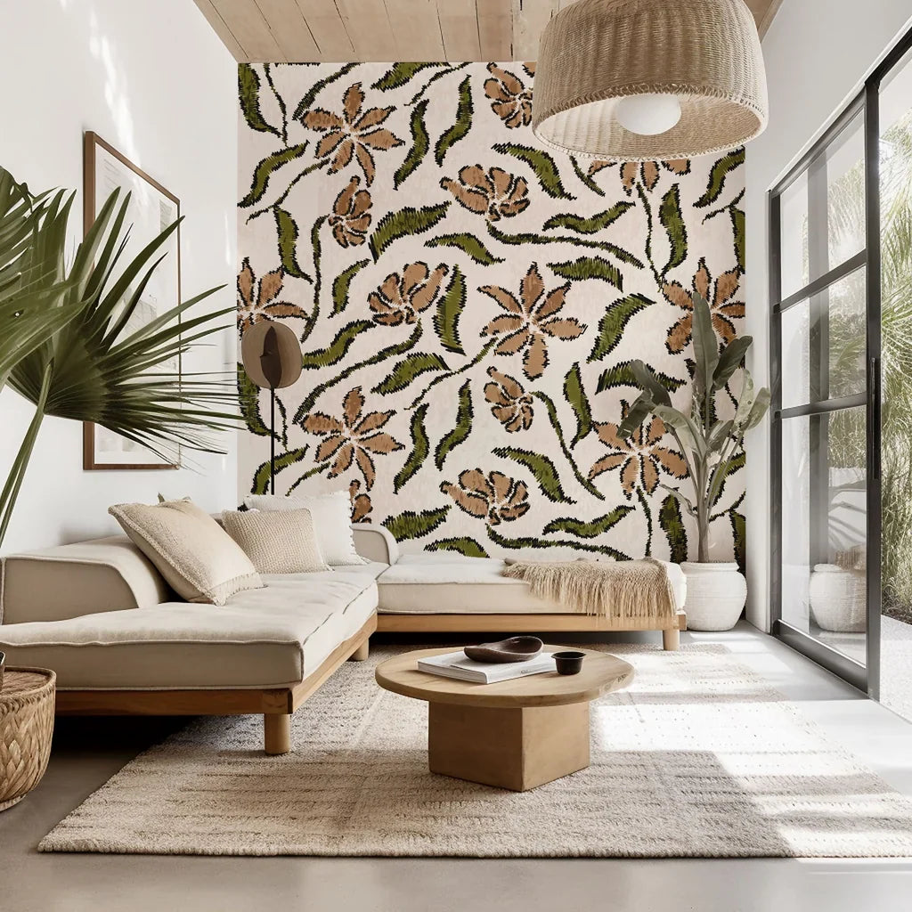 A dimensional beige wall covering featuring a hand-drawn brown and green botanical design
