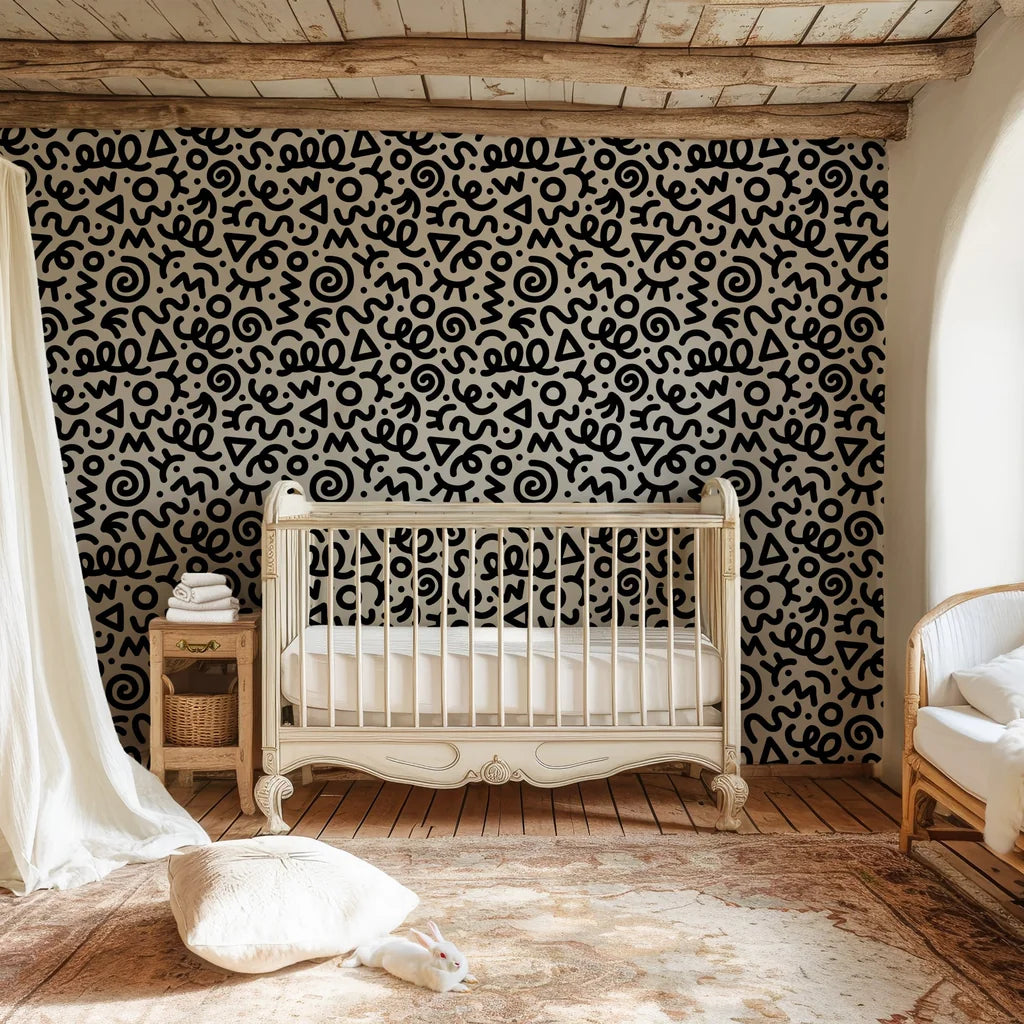 Artistic dark and light squiggly line design removable mural - Scribble Pop