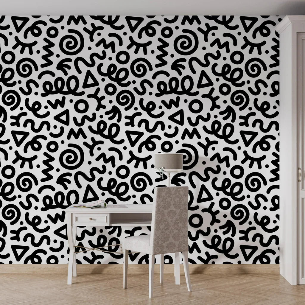 Contemporary monochrome hand-drawn scribble motif self-adhesive wall covering - Scribble Pop