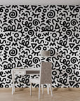 Contemporary monochrome hand-drawn scribble motif self-adhesive wall covering - Scribble Pop
