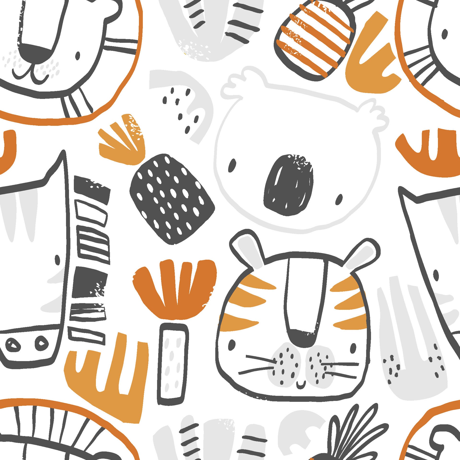 Safari Friends wallpaper pattern with playful hand drawn animals and abstract shapes in warm neutral tones