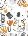 Safari Friends wallpaper pattern with playful hand drawn animals and abstract shapes in warm neutral tones
