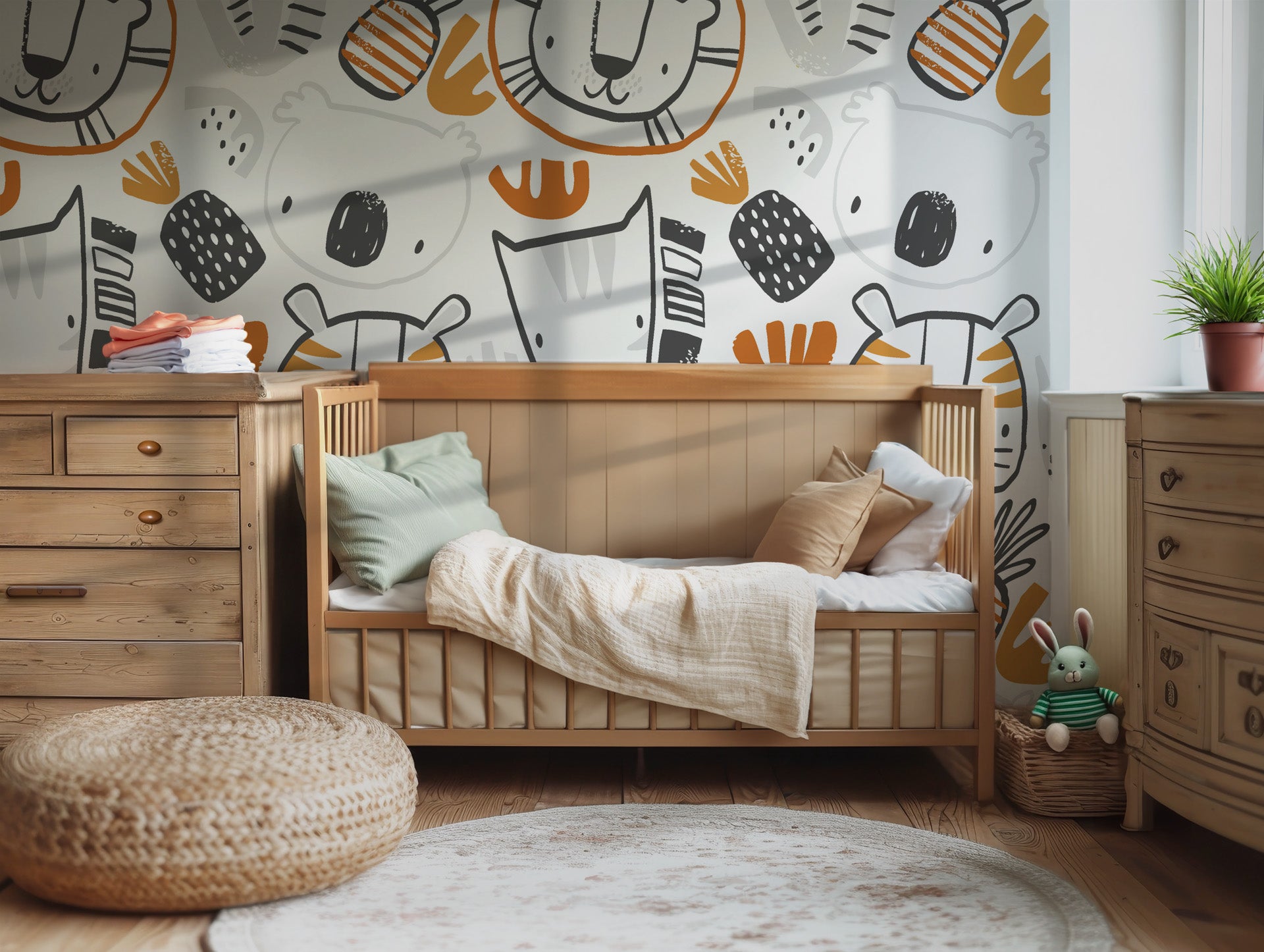Safari Friends wallpaper installed on a nursery wall with soft animal illustrations creating a cozy and playful atmosphere