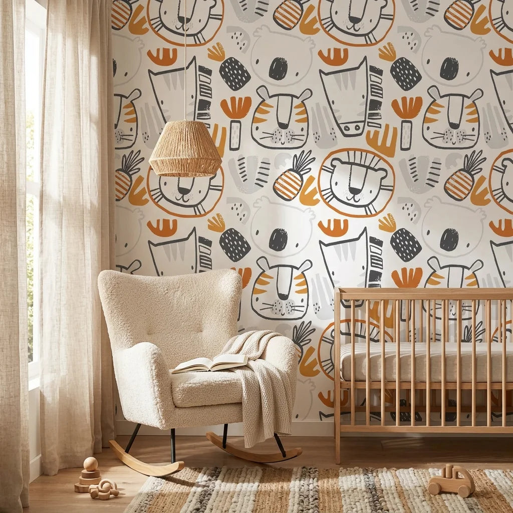 Scrub Safari animal face wallpaper in a warm and inviting living room