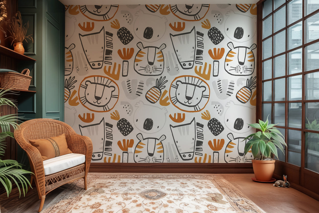 Playful animal wallpaper displayed in a kids bedroom featuring neutral colors and friendly safari characters