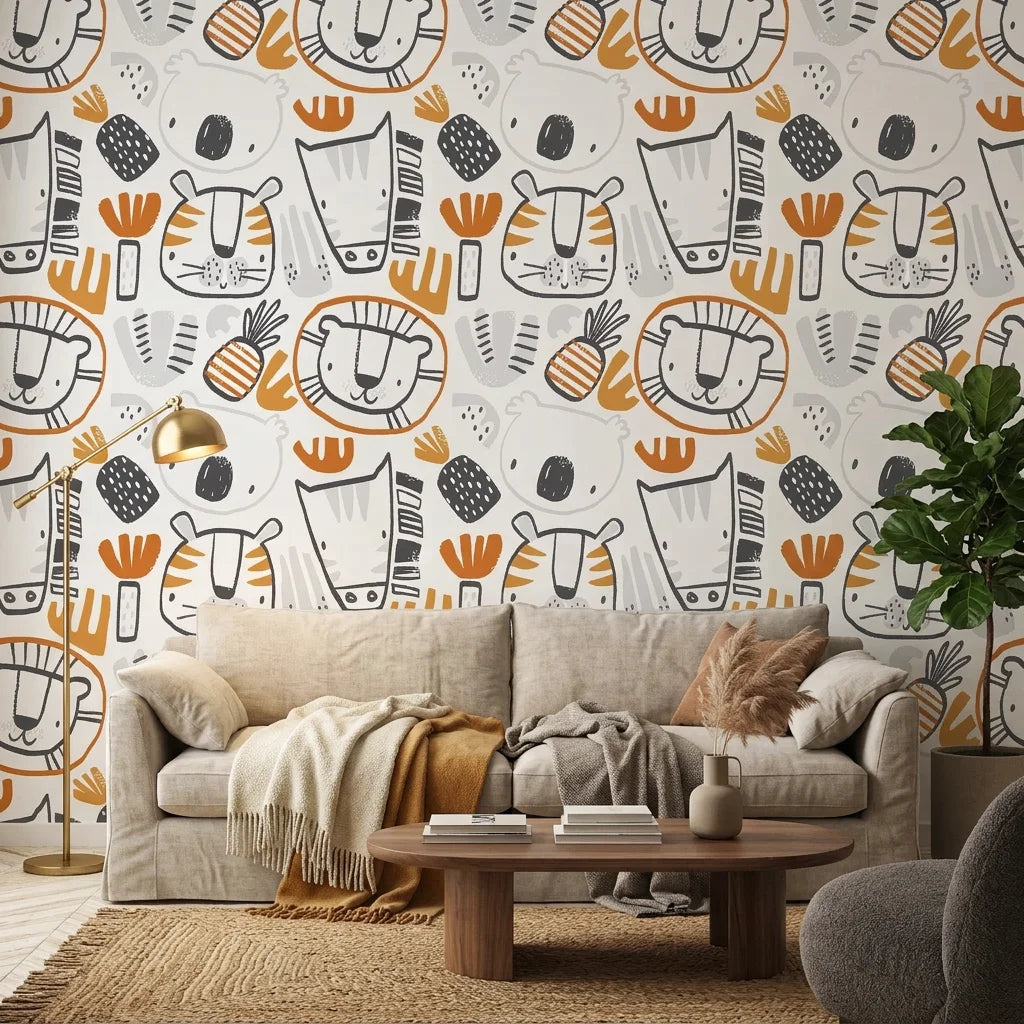 Scrub Safari animal face wallpaper adding character to a cozy bedroom