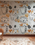 Playful animal wallpaper displayed in a kids bedroom featuring neutral colors and friendly safari characters