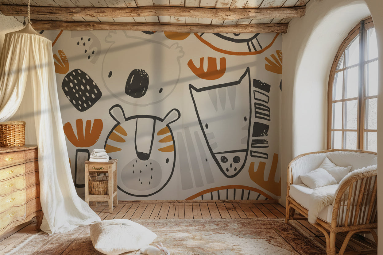 Safari themed wallpaper shown in a modern children’s room with minimalist furniture and warm textures