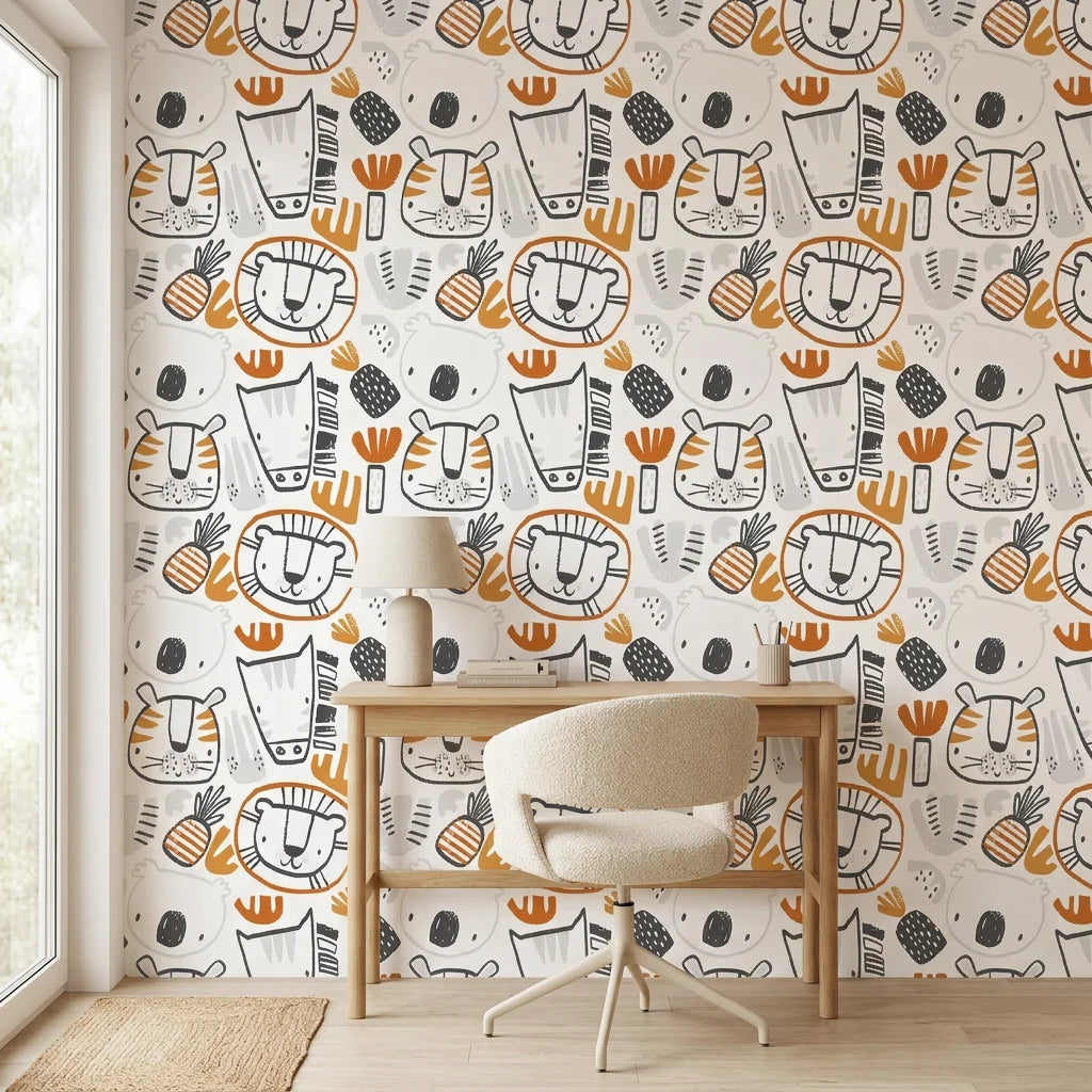 Scrub Safari animal face wallpaper as a feature wall in a bright home office