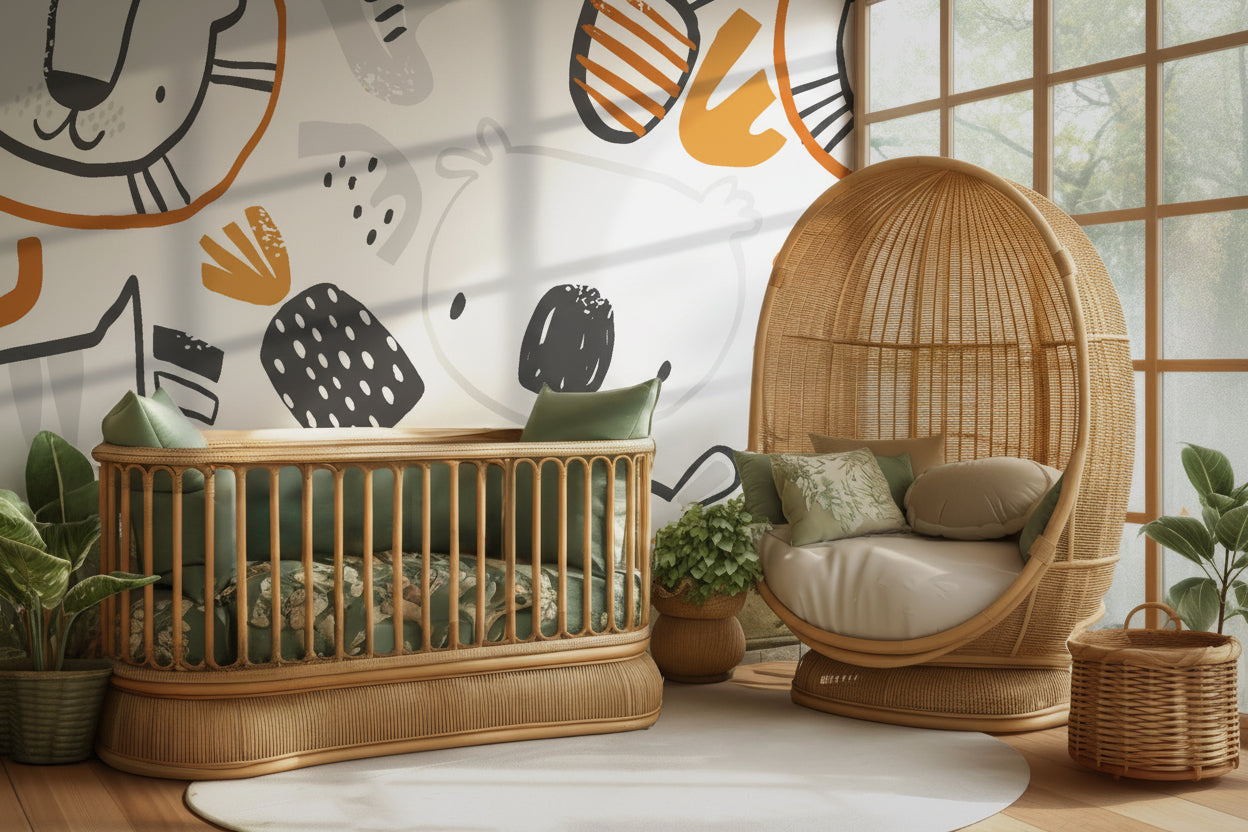 Safari themed wallpaper shown in a modern children’s room with minimalist furniture and warm textures