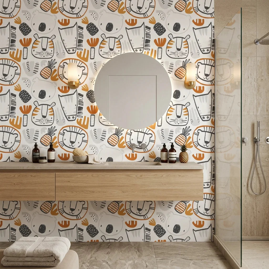 Scrub Safari animal face wallpaper creating ambiance in a serene bathroom