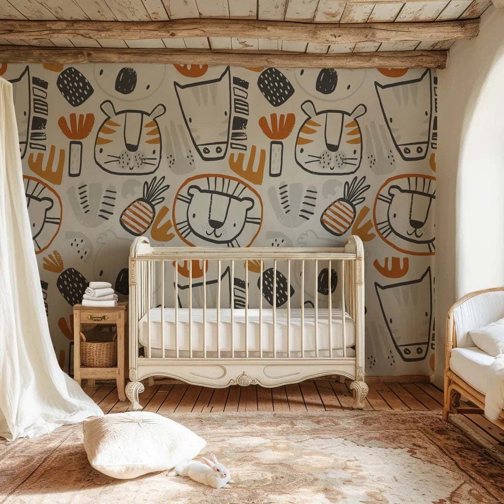 Minimalist peel-and-stick mural with light-colored jungle creature faces and botanical leaf motifs - Scrub Safari