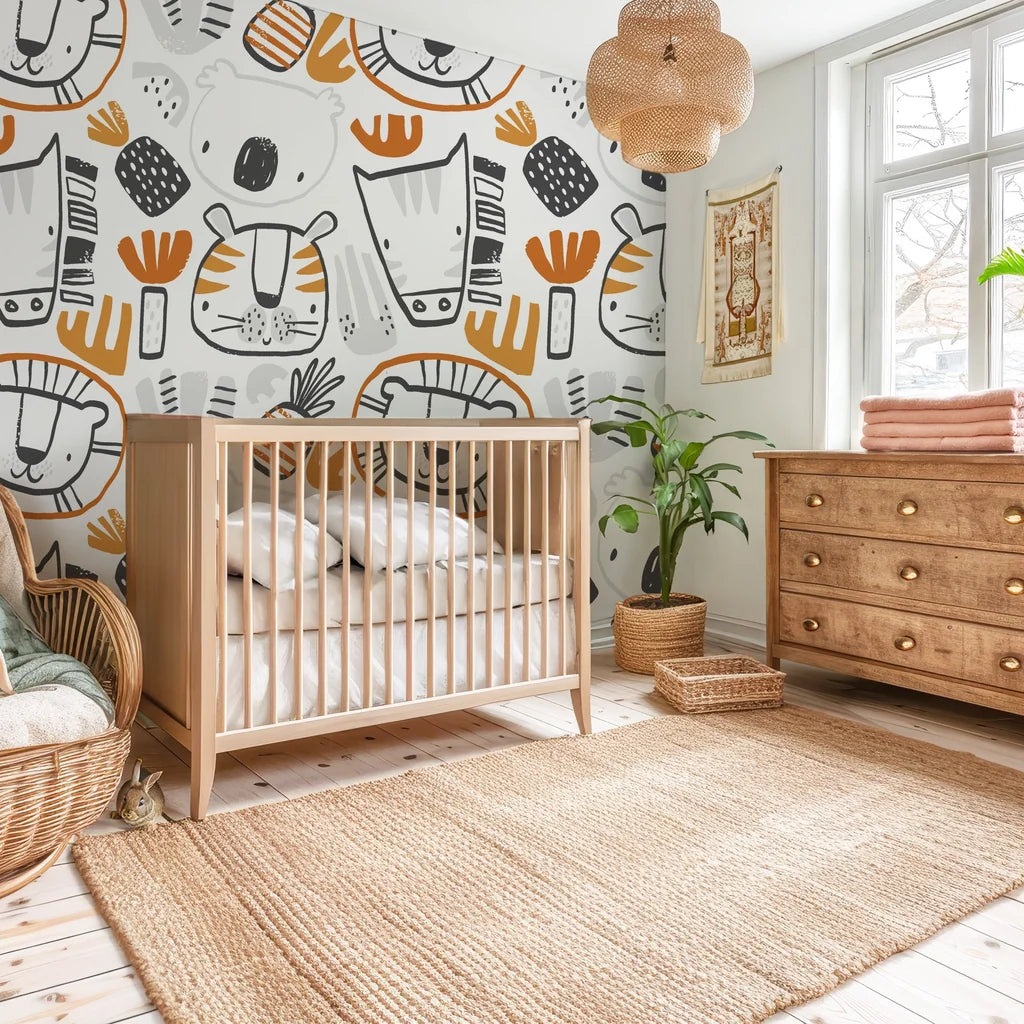 Removable wallpaper showcasing exotic wildlife portraits amidst dense foliage on a stark white backdrop - Scrub Safari