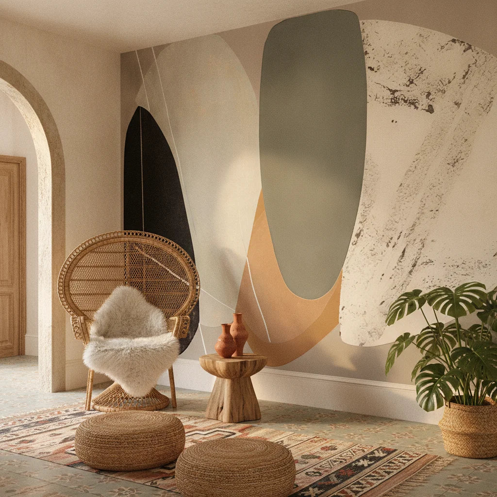Sculpted Fragments bold modern abstract creating ambiance in a serene bathroom