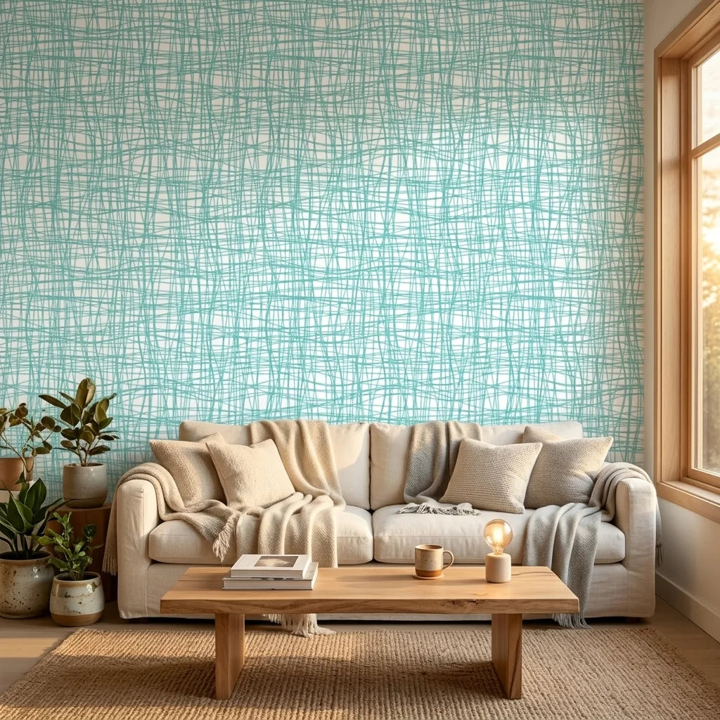 Sea Glass Grid teal abstract wallpaper in a warm and inviting living room