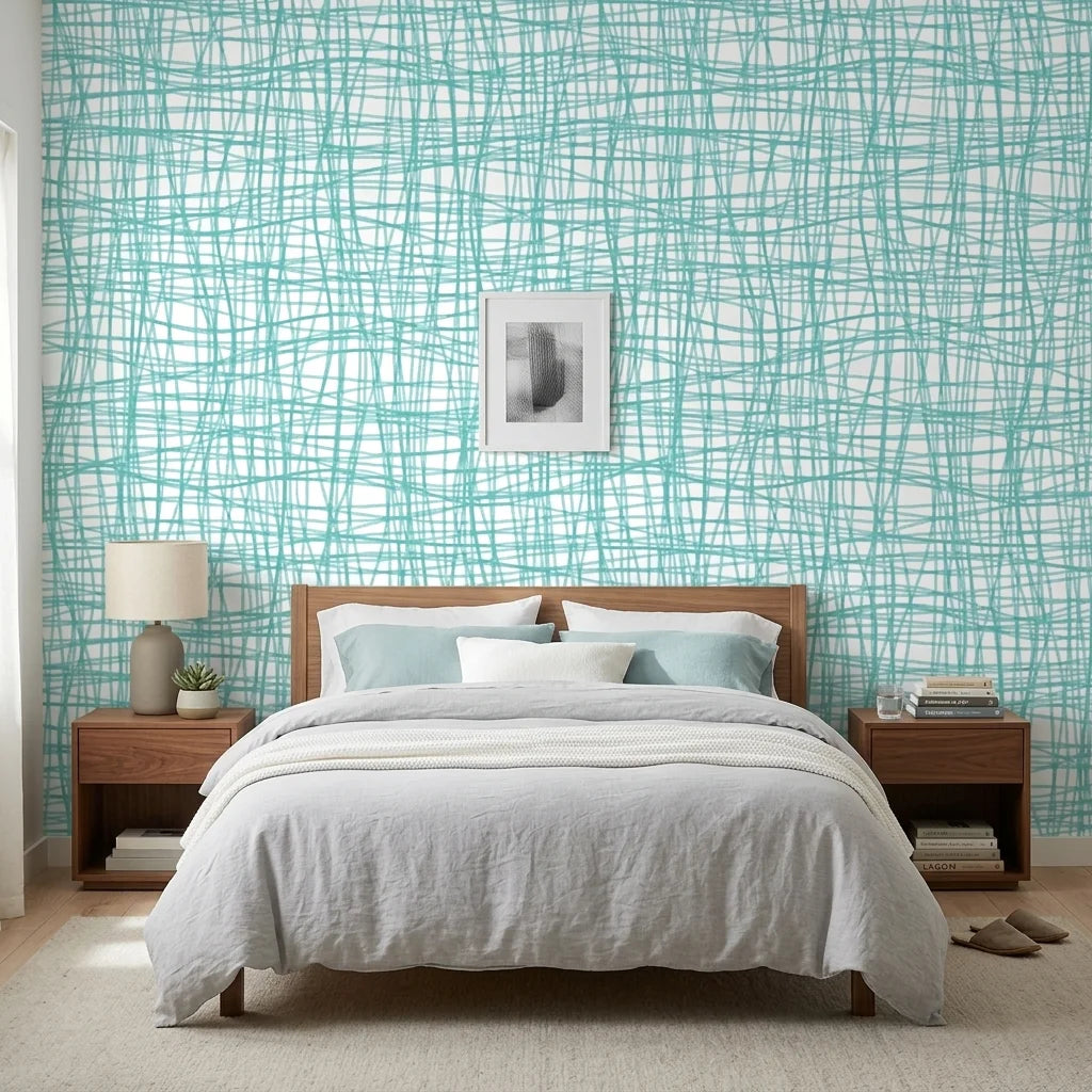Sea Glass Grid teal abstract wallpaper adding character to a cozy bedroom