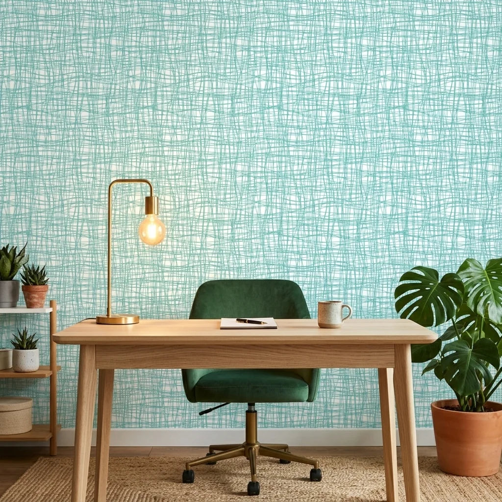 Sea Glass Grid teal abstract wallpaper as a feature wall in a bright home office