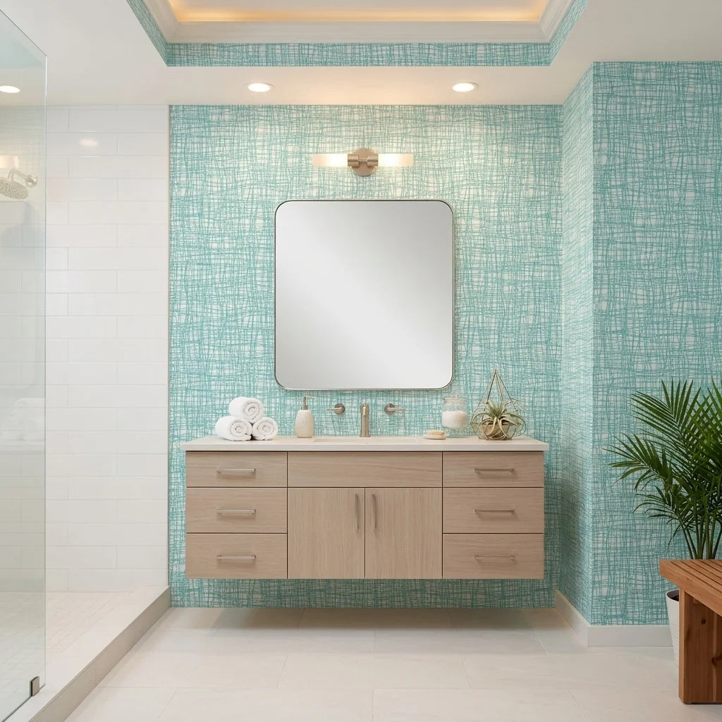 Sea Glass Grid teal abstract wallpaper creating ambiance in a serene bathroom