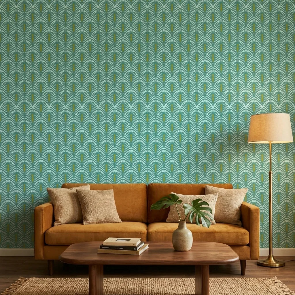 Seafoam Palms serene teal and mint tropical wallpaper creating ambiance in a serene bathroom