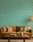 Seafoam Palms serene teal and mint tropical wallpaper creating ambiance in a serene bathroom