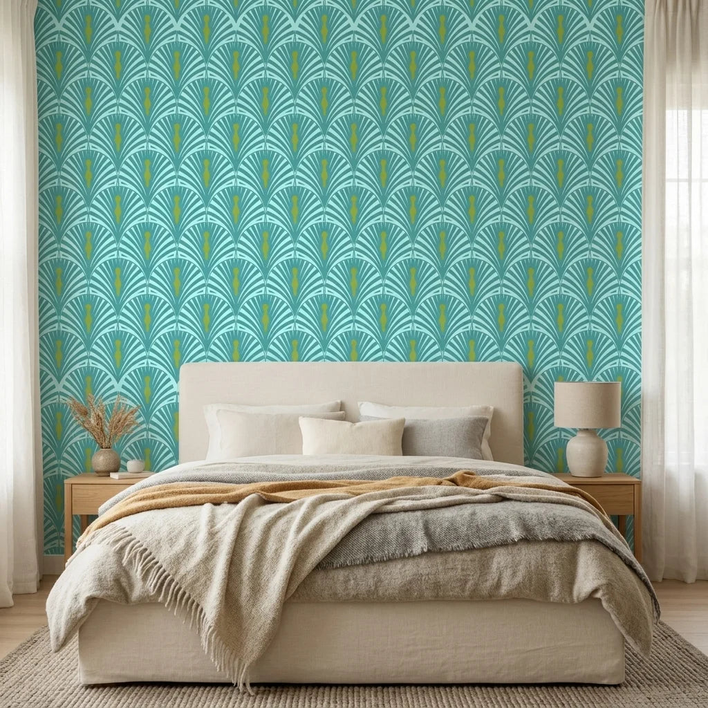 Seafoam Palms serene teal and mint tropical wallpaper in a warm and inviting living room