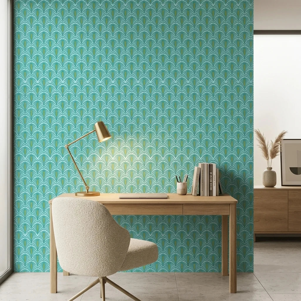 Seafoam Palms serene teal and mint tropical wallpaper adding character to a cozy bedroom