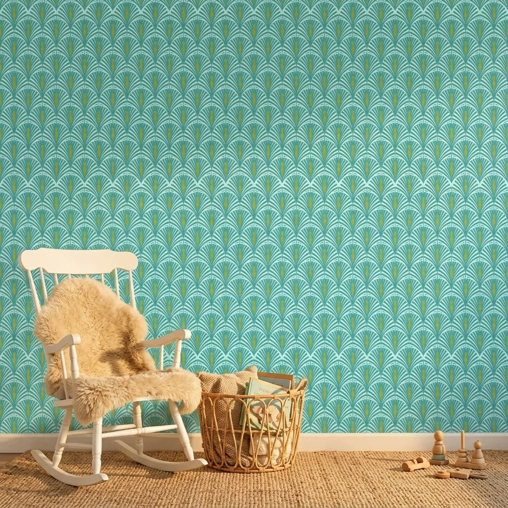 Seafoam Palms serene teal and mint tropical wallpaper as a feature wall in a bright home office
