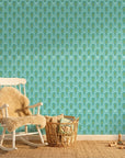 Seafoam Palms serene teal and mint tropical wallpaper as a feature wall in a bright home office