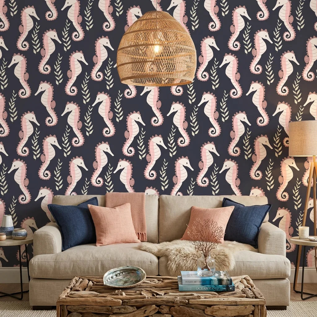 Seahorse Reverie blush pink coastal seahorse wallpaper in a warm and inviting living room