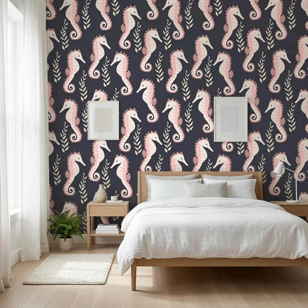 Seahorse Reverie blush pink coastal seahorse wallpaper adding character to a cozy bedroom