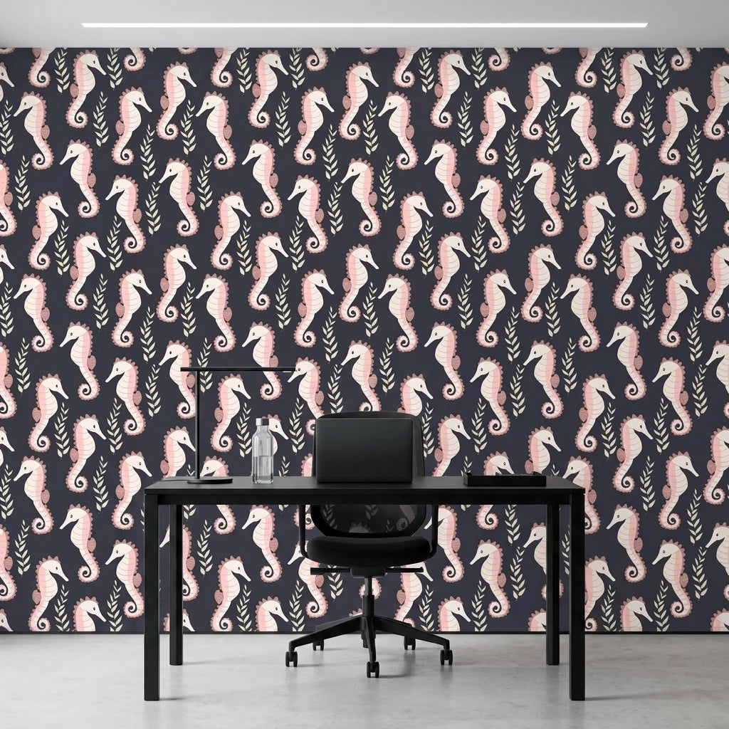 Seahorse Reverie blush pink coastal seahorse wallpaper as a feature wall in a bright home office