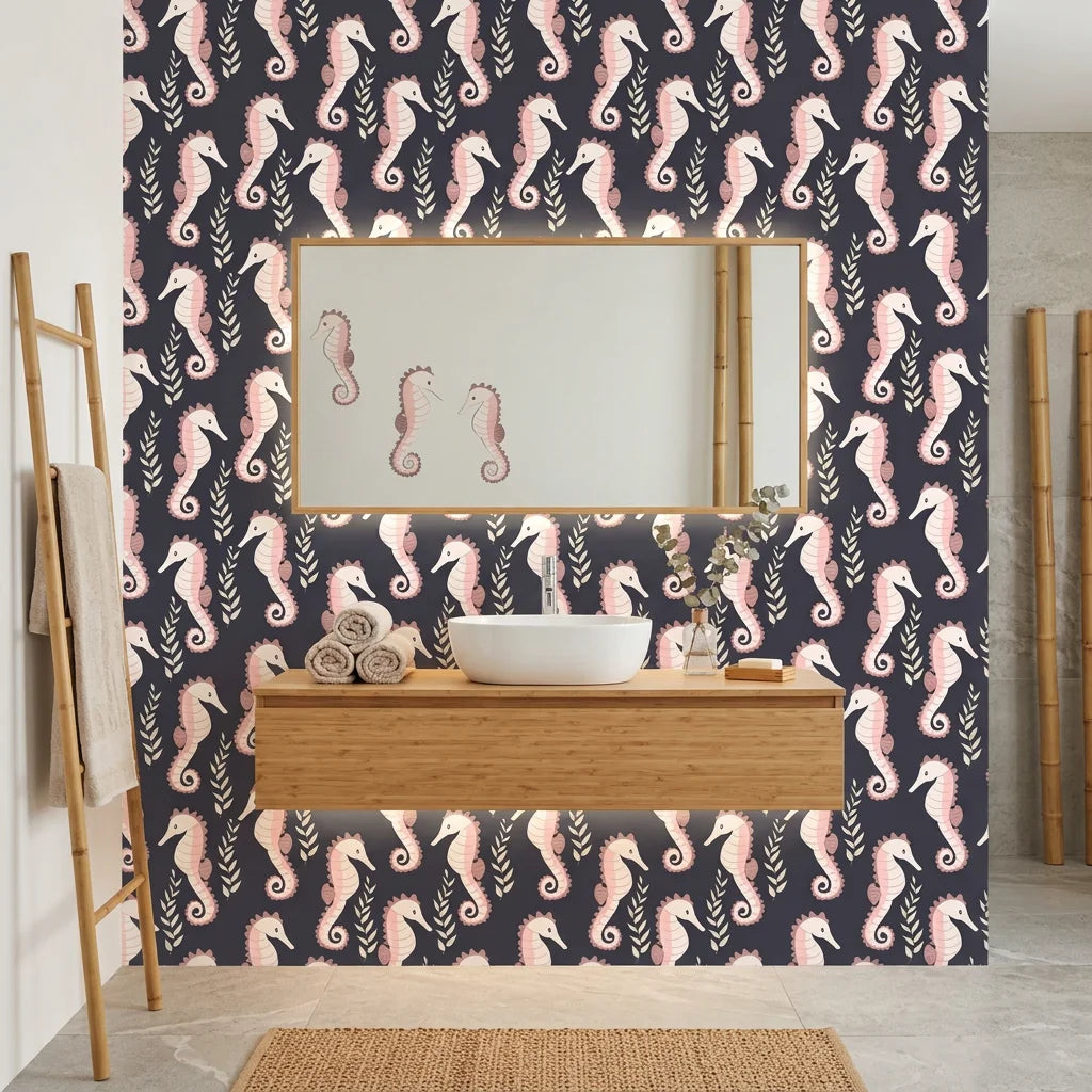 Seahorse Reverie blush pink coastal seahorse wallpaper creating ambiance in a serene bathroom