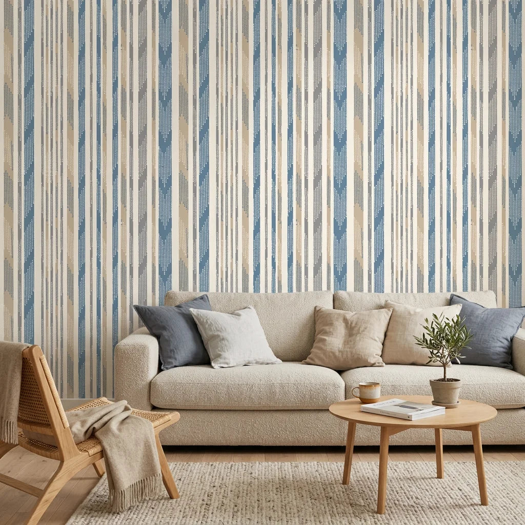 Seashore Dot blue and beige striped wallpaper in a warm and inviting living room